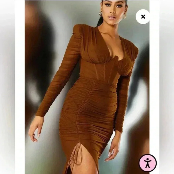 PrettyLittleThing Chocolate Underwire Detail Ruched Mesh Maxi Dress Size 4 - Picture 4 of 9